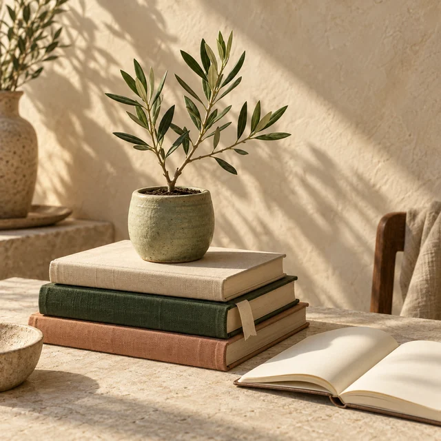 Ein kleiner Olivenbaum auf einem Stapel Bücher im warmen Sonnenlicht.